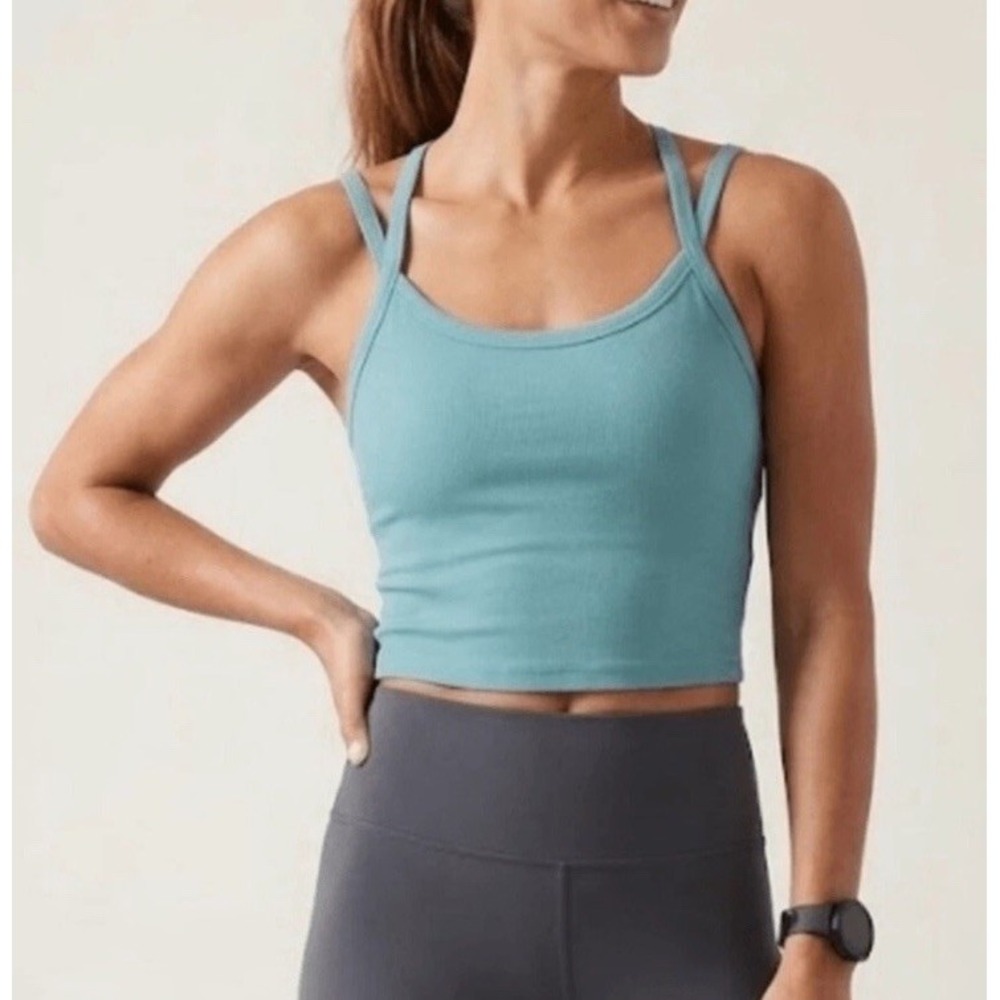 Athleta Signature Rib Wide Binding Tank Light Blue/Green Crop Top Small NWOT